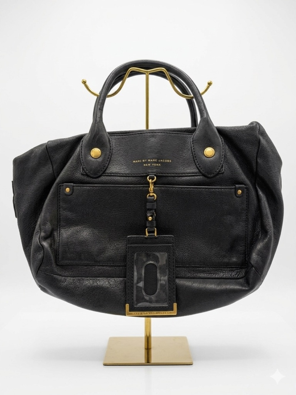 Marc by Marc Jacobs Black Pebbled Leather Satchel Handbag Gold Hardware